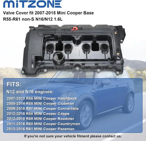 Vista 2 de MITZONE Cubierta de válvula de culata compatible con 2007-2016 Mini Cooper Base R55-R61 non-S N16/N12 1.6L Reemplazar 11127646554