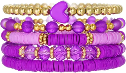 Vista 8 de Caiyao Juego de pulseras apilables de arcilla con corazón multicapa de Bohemia, pulseras elásticas con cuentas doradas de arcilla Heishi para Verde
