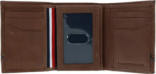Vista 4 de Tommy Hilfiger Cartera de cuero Leif RFID triple con doble identificación para hombre, Marrón, Trifold
