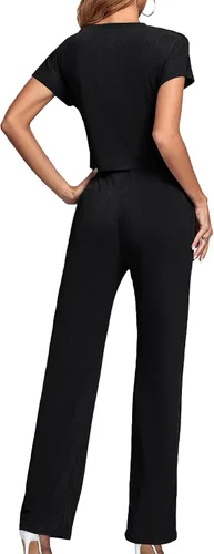 Vista 2 de LYANER Conjunto de 2 piezas para mujer, top corto de manga corta con nudo de corbata y pantalones de cintura alta