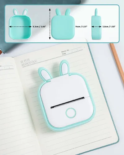 Vista 4 de Memoking T02 - Funda protectora con forma de orejas de conejo, silicona suave, sin BPA, lindo diseño de impresora, compatible con T02 Mini Bluetooth