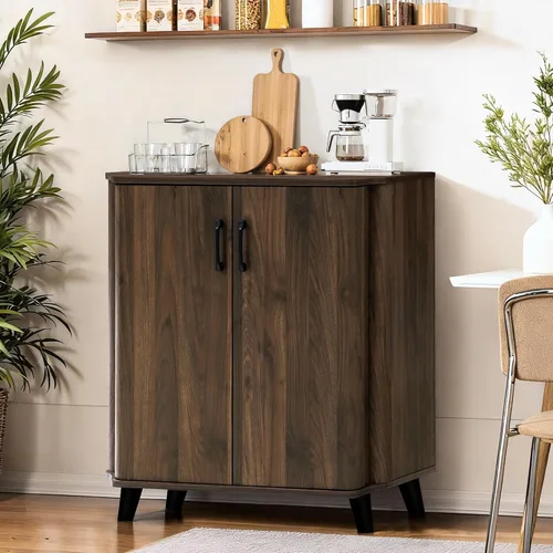 Vista 6 de LuxenHome - Armario buffet con almacenamiento, gabinete moderno de mediados de siglo con borde curvo, gabinete de café de nogal, pequeño armario