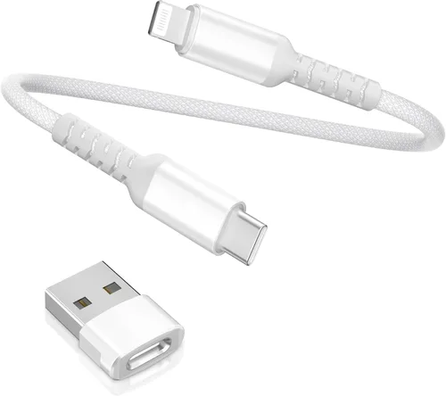 Vista 8 de Basesailor - Cable cargador corto de 1 pie para iPhone 14 13, cable USB C a Lightning con adaptador USB A, cable de carga rápida para Apple iPhone
