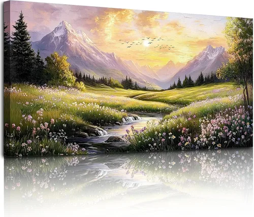 Vista 10 de crmotu Arte de pared de paisaje grande, arte de pared de flores, decoración de pared floral, arte de campo de margaritas para paredes, pinturas