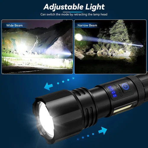 Vista 4 de Linternas recargables de alto lúmenes, 99,000 LM linterna LED brillante alimentada, linternas recargables USB y luces flash de mano impermeables