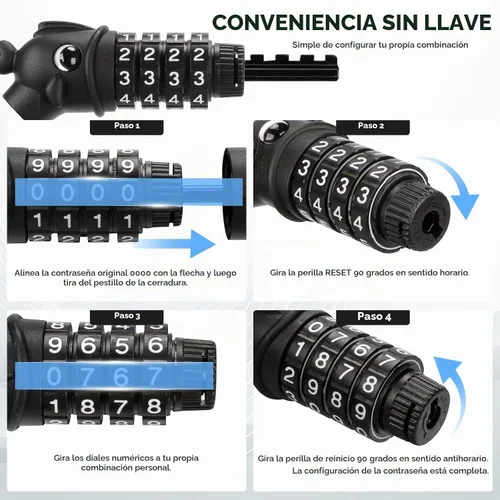 Vista 5 de Candado para bicicleta, 1.19 metros, combinación de 4 dígitos reseteable, contraseña, candado de cable antirrobo, lindos candados para bicicleta