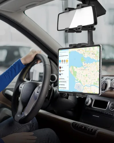 Vista 2 de Soporte para tablet para espejo retrovisor de automóvil, compatible con espejos grandes, soporte para tableta de espejo retrovisor para automóvil