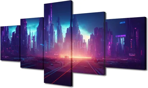 Vista 349 de Cuadros de 5 paneles de Cyberpunk City, arte de pared, representación de vallas publicitarias, edificios modernos en la capital con obras de arte