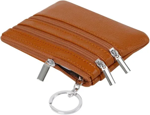 Vista 5 de Monedero de cuero auténtico para mujer, con llavero