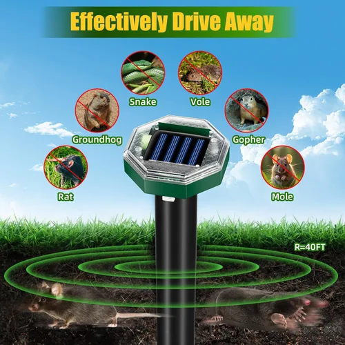 Vista 2 de Paquete de 8 repelentes de topos con energía solar, repelente de serpientes para patio, césped, jardín, impermeabilidad IP65, estacas disuasorias