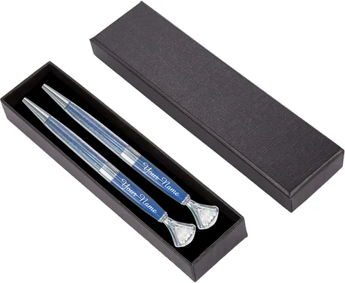 Vista 9 de ExpressDesigns™ - Juego de 2 bolígrafos de diamantes personalizados con caja de regalo, grabado metálico personalizado con nombre o mensaje