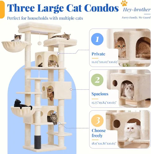 Vista 3 de Hey-brother Árbol de Gato, torre de gato de varios niveles XL de 74 pulgadas para gatos de interior con tres condominios para gatos, dos plataformas