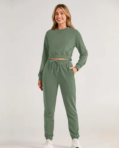 Vista 44 de BTFBM Conjunto deportivo de 2 piezas para mujer, camiseta corta de manga larga, sin botones, pantalón con cordón ajustable, pantalones deportivos