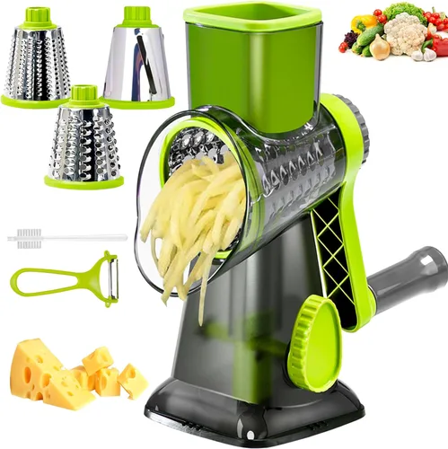 Vista 9 de Rallador de queso con asa, rallador de queso giratorio manual multifuncional - rallador de queso corta fácilmente zanahorias, papas, verduras