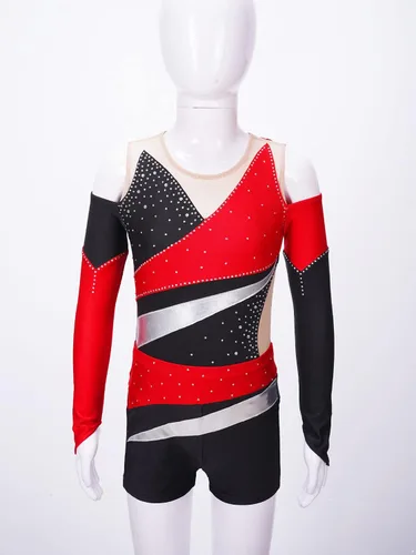 Vista 15 de JEATHA Conjunto de 2 piezas de leotardo de gimnasia de manga larga con hombros descubiertos y pantalones cortos atléticos para niñas