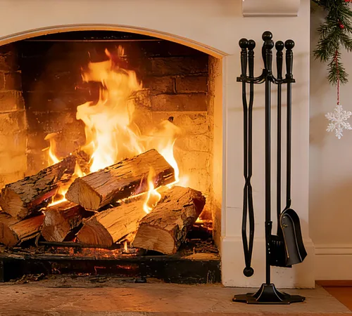 Vista 2 de Juego de herramientas de chimenea de hierro forjado negro, 5 piezas, para estufa de leña, pinzas de tronco, accesorios de chimenea de alta