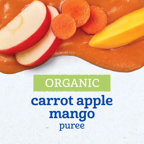 Vista 3 de Gerber Alimento para bebés etapa 2, mango orgánico de zanahoria y manzana, bolsas de comida para bebés, bolsas de puré, vitamina A, C y E ayuda a