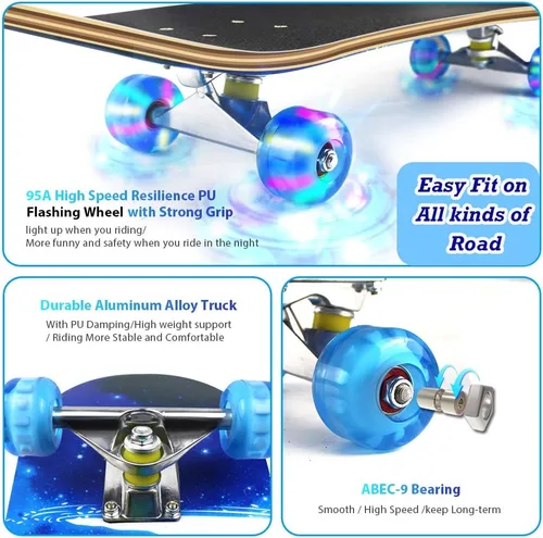 Vista 3 de PHOEROS Complete Skateboards- Standard Skateboards for Beginners Kids Boys Girls Teenager- 31''x 8''Canadian Maple Cruiser Pro Skate Board