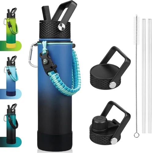 Vista 44 de BJPKPK - Botella de agua con tapa de popote, botellas de agua aisladas de 18 onzas con 3 tapas, asa de cuerda de paracaídas y base antideslizante
