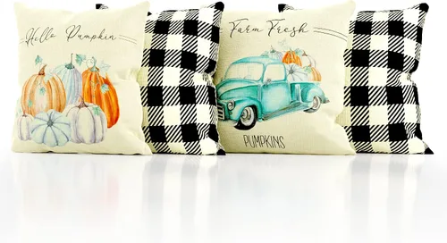 Vista 8 de Fundas de almohada de otoño de 18 x 18 pulgadas – Cuatro fundas de almohada modernas con diseño de granja a cuadros – Estos detalles de decoración