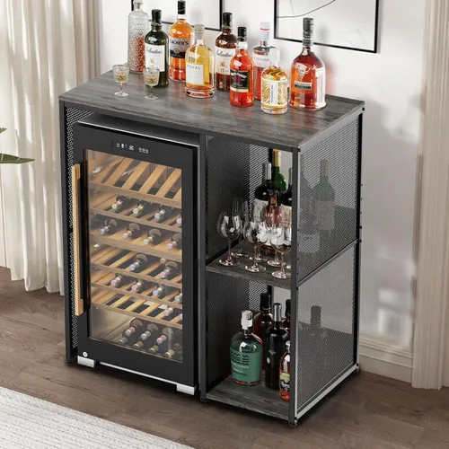 Vista 4 de KirKical - Gabinete de 3 niveles para barra de café con espacio para mini refrigerador, soporte de microondas resistente en color gris rústico