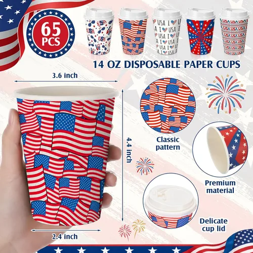 Vista 2 de 65 tazas de café desechables con tapas para el 4 de julio, vasos de papel desechables patrióticos de Estados Unidos, vasos de papel desechables