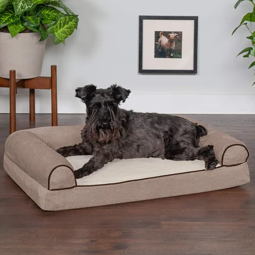 Vista 3 de Furhaven Cama para perro, de espuma viscoelástica, estilo sofá, Sherpa y chenilla, crema, M