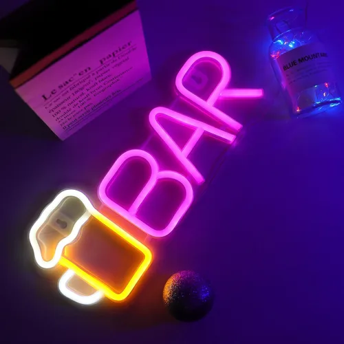 Vista 2 de ENUOLI Letreros de barra de neón, luz LED de cerveza para decoración de pared, letreros de neón de barra alimentados por USB/batería, luz de cerveza