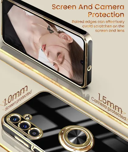 Vista 3 de Dretal Funda para Samsung Galaxy A15 5G, protector de pantalla, soporte de anillo giratorio de 360°, soporte magnético, borde dorado plateado, funda