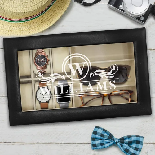 Vista 2 de The Wedding Party Store Caja personalizada para relojes y lentes de sol, estuche organizador de relojes y lentes con grabado personalizado (negro)