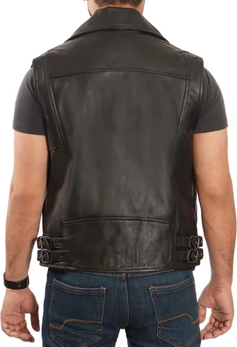 Vista 4 de Decrum Chaleco de cuero para hombre, estilo de motocicleta, sin mangas, de cuero real, con bolsillos ocultos