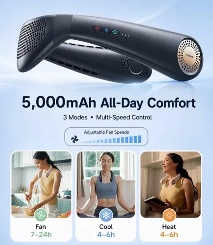 Vista 7 de TORRAS COOLiFY Air 2026 Ventilador de cuello mejorado de aire acondicionado, doble flujo de aire profesional, ventilador portátil ultraligero Negro