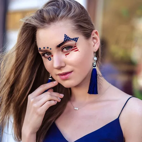Vista 6 de Decoraciones del 4 de julio, tatuajes de ojos para la cara, bandera de Estados Unidos, estrella, tatuajes temporales, Día de la Independencia