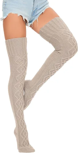 Vista 2 de HYTENSUN Calcetines altos de punto para mujer, calcetines altos gruesos por encima de la rodilla, calcetines de tubo de ganchillo, calentadores
