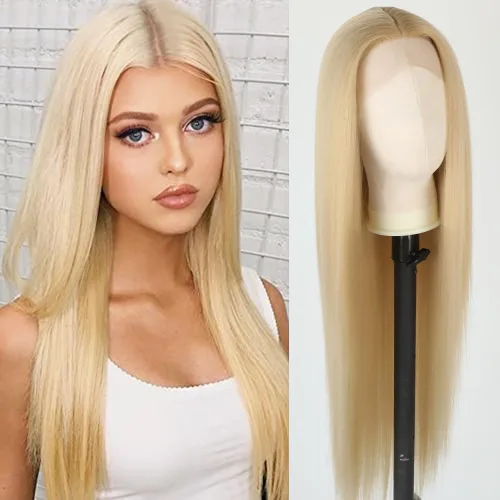 Vista 13 de Aubree Peluca de encaje frontal rubio 613, cabello largo y lacio, resistente al calor, fibra rubia, pelucas sintéticas sin pegamento, predepiladas