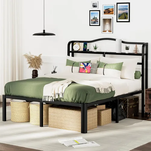 Vista 8 de Base de cama Individual XL con cabecera, base de colchón de metal, armazón de cama de 18 pulgadas de alto, no necesita somier, base de cama de 46 cm