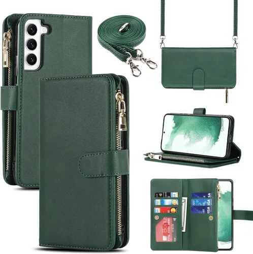 Vista 21 de Cavor Funda tipo cartera cruzada para Samsung Galaxy S22 Plus, color negro Funda de cuero con cierre magnético con cremallera y función atril TPU