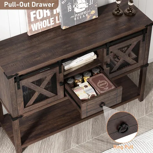 Vista 4 de Hlivelood Mesa de Entrada Estilo Granja con 2 Puertas Corredizas de Granero y Cajón, Mesa Consola Rústica de 46'' con Almacenamiento, Espacio