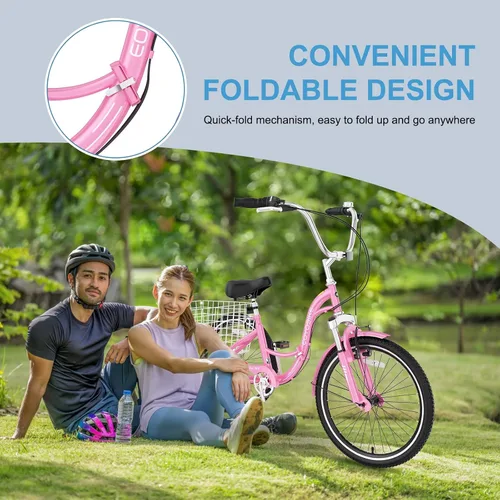 Vista 3 de NAIZEA Triciclo plegable para adultos, 7 velocidades, 20/24/26 pulgadas, triciclo plegable para adultos, bicicleta de 3 ruedas, triciclo plegable