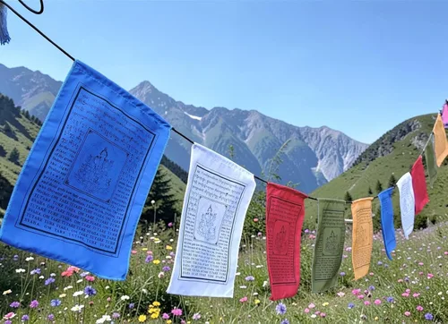 Vista 4 de Banderas de oración tibetanas Tara verdes hechas a mano con traducción al inglés (9 x 12 pulgadas)
