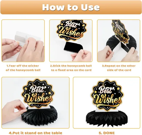 Vista 4 de 9 piezas de decoración de mesa de fiesta de cumpleaños, centros de mesa de panal de abeja de oro negro para mesa, decoración de mesa de cumpleaños