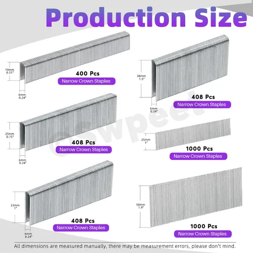 Vista 2 de Swpeet 3625 unidades de 6 tamaños K419 K425 K433 K438 F25 F50 calibre 18 acero galvanizado plateado grapas de corona estrecha aproximadamente 1/4
