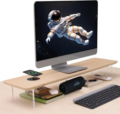 Vista 8 de SUIBIAN Soporte elevador de monitor negro con carga inalámbrica de 31.5 pulgadas, grande, soporte para monitor de computadora, estante organizador
