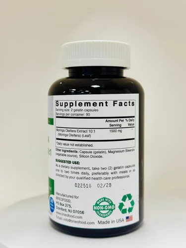 Vista 5 de Brieofood Extracto de Moringa Oleifera 10:1 1500 mg - 180 cápsulas - Suplemento sin OMG y sin gluten - Superalimento verde de hoja de moringa