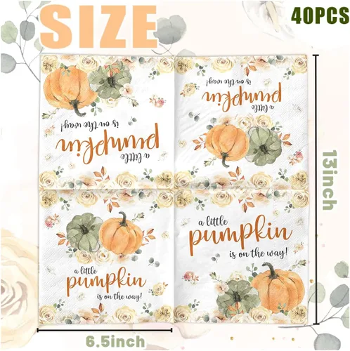 Vista 3 de A Little Pumpkin is on The Way - 40 servilletas de calabaza pequeña para baby shower, decoración de fiesta de otoño, calabaza, floral, niño y niña