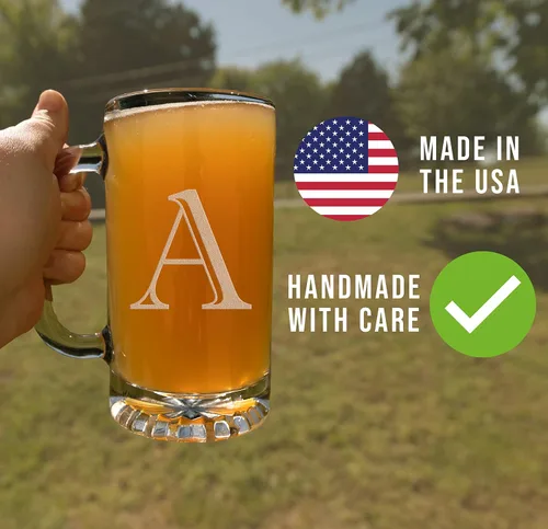Vista 4 de Taza de cerveza de vidrio con monograma grabado de 16 onzas (letra A), regalos de cerveza personalizados de la A a la Z para hombres, Día del Padre
