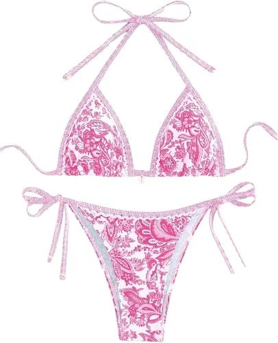 Vista 12 de WDIRARA Traje de baño de dos piezas para mujer estilo boho con estampado floral, conjunto de bikini halter con tiras en forma de triángulo
