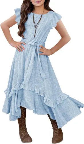 Vista 7 de MITILLY Vestido largo maxi suelto liso de manga 3/4 casual con bolsillos y volantes estilo swing con cinturón para niñas 01 Azul oscuro fultter