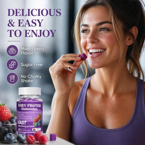 Vista 5 de Gomitas de proteína de suero de leche, sabor a bayas mixtas, 5.71 oz de proteína de absorción rápida por botella, sin azúcar, bajas en calorías