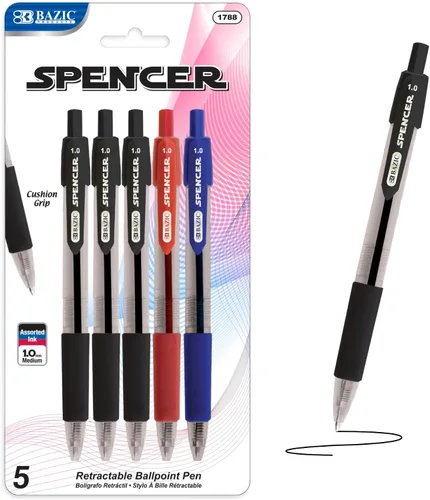 Vista 9 de BAZIC PRODUCTS Spencer Asst. Bolígrafo retráctil de color con empuñadura de cojín, 5 unidades, para escritura escolar y oficina